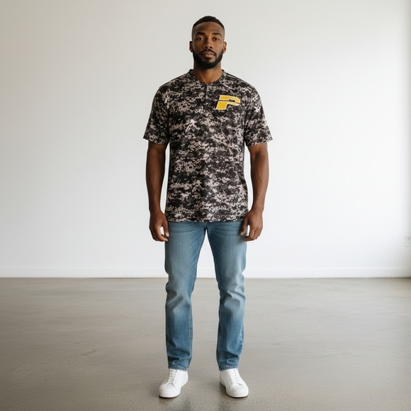 Badger Sport Other - Badger Sport Men's Pirates Digital Camo Print Shirt 2XL Button Black Gray Yellow